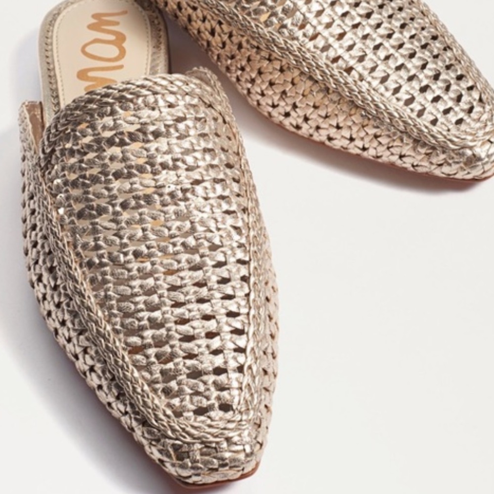 Sam Edelman Metallic Gold Leather Woven Slip On Flat Mules